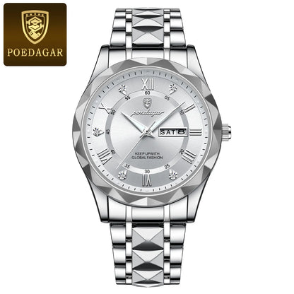 POEDAGAR Top Classic Men's Quartz Watches Waterproof Luminous Stainless Steel Man Wristwatch Date Week Original Men Watch Reloj