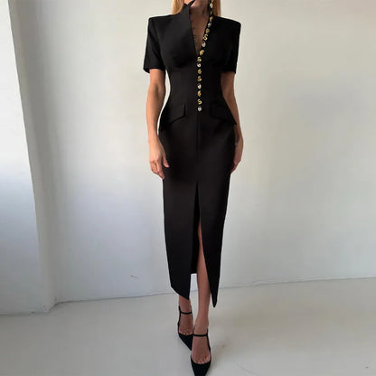 Chic Single Breasted Women's Dress Short Sleeve Slim Female Long Dresses 2026 Spring Summer Elegant Party Front Split Lady Robe