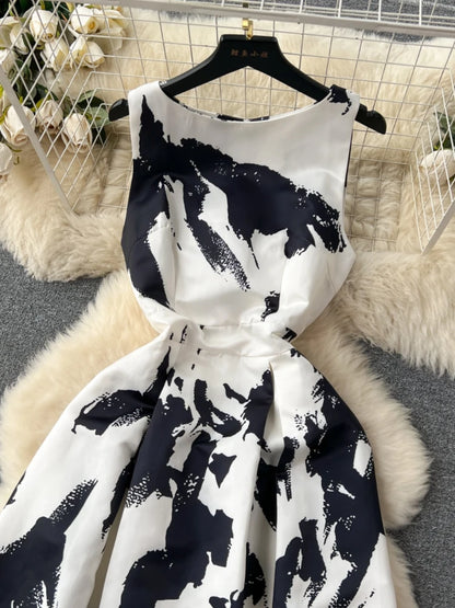 French Elegant Floral Dress Women Retro Round Neck Sleeveless Print Party Dresses Summer Slim A-line Vintage Long Robe Vestidos