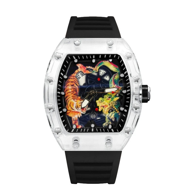 Fashion Tonneau Plastic Case Quartz Watch Men Dragon and Tiger Engraved Dial Luxury Waterproof Sport Watches Men Steel Men Watch