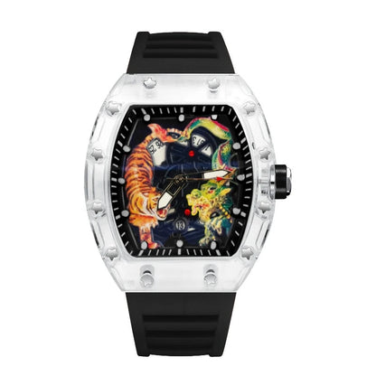 Fashion Tonneau Plastic Case Quartz Watch Men Dragon and Tiger Engraved Dial Luxury Waterproof Sport Watches Men Steel Men Watch