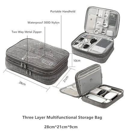 Three Layer Digital Storage Bag Multi-functional Cable Storage Box Portable Waterproof Travel Case for Data Mobile Power Bank