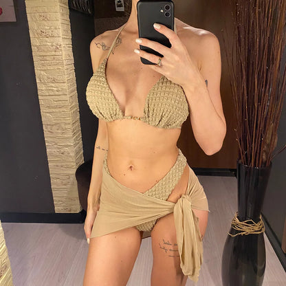 Sexy With Sarong Wrinkled Halter Bikini Female Swimsuit Women Swimwear Three-pieces Bikini set Bather Bathing Suit Swim K5237