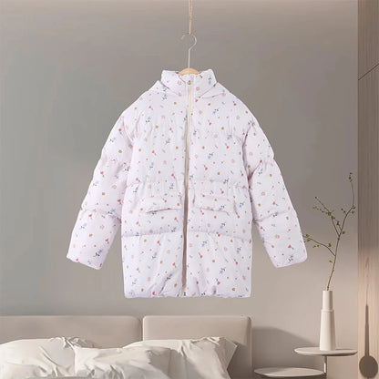 Printed Hooded Puffy Cotton Jacket Women Stand Collar Long Sleeve Zipper Loose Padded Coats 2025 Winter Lady Warm Outwear Street