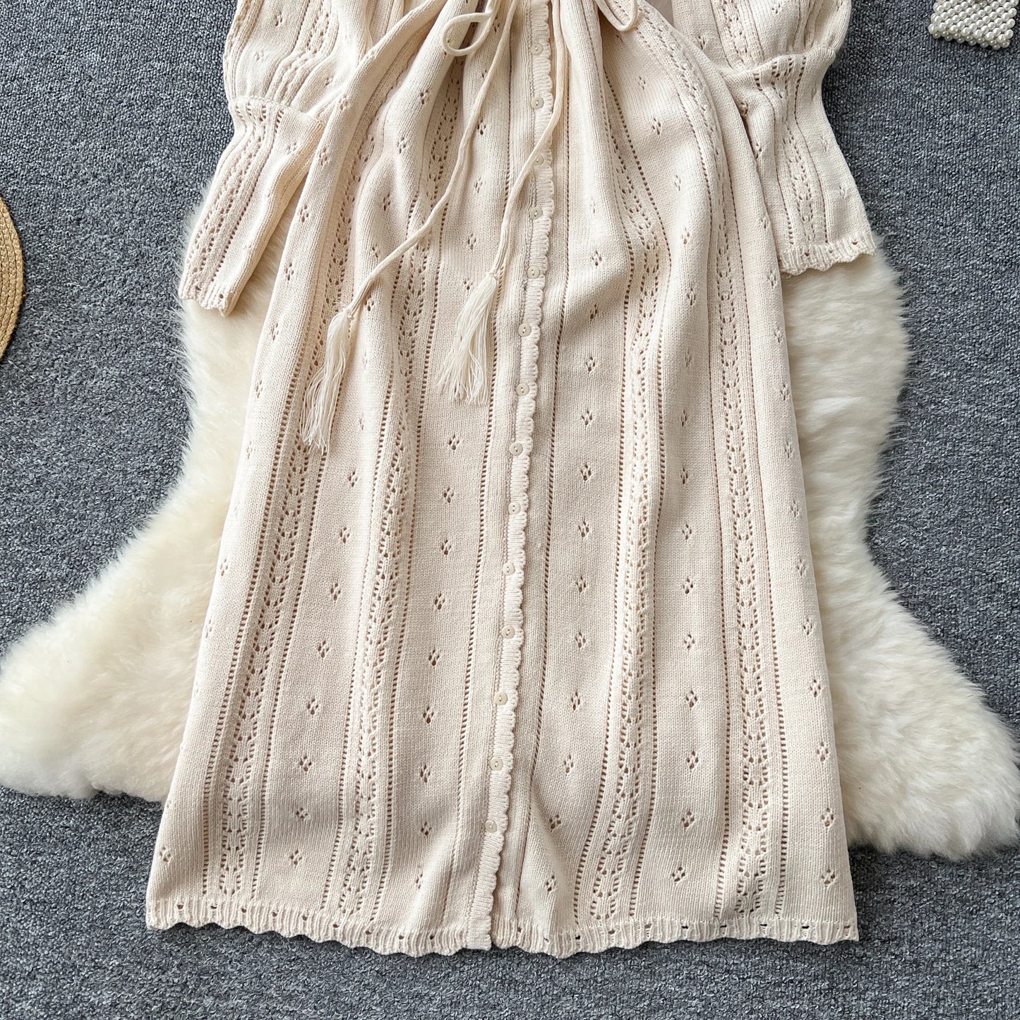 Women's Solid Single Breasted Hollow Out Knit Lace-up Dress Autumn Fashion Round Neck Elegant Festival Sweater Long Dresses 2024