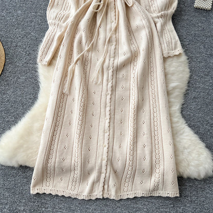 Women's Solid Single Breasted Hollow Out Knit Lace-up Dress Autumn Fashion Round Neck Elegant Festival Sweater Long Dresses 2024