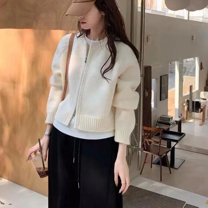 Korean Women Knitted Sweater Autumn Winter Chic Loose Long Sleeve Cardigan Tops Simple Solid Color Sweater Jacket