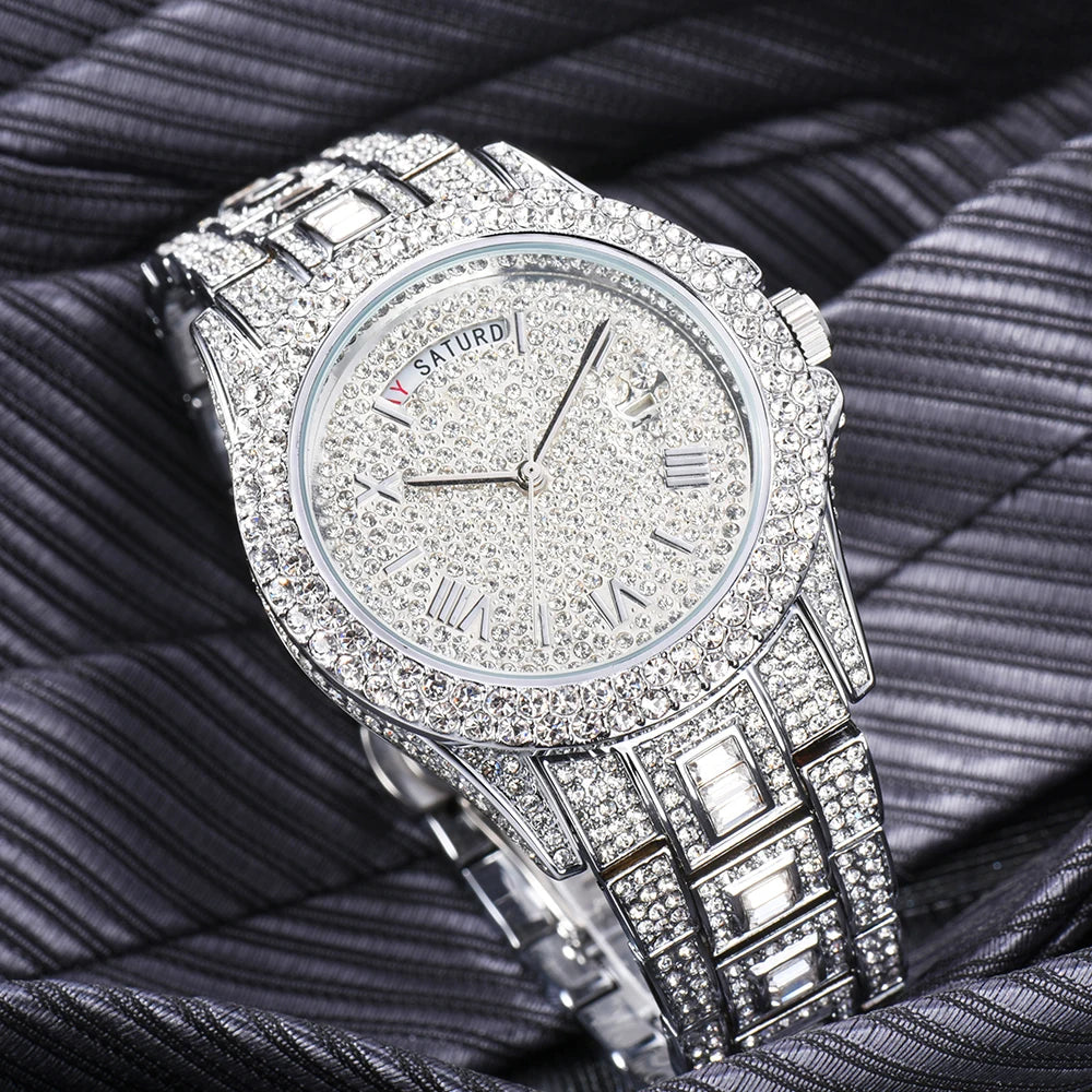 Full Iced Out Watch For Men Luxury Gold Hip Hop Diamond Quartz Mens Watches Waterproof Day Date Clock Best Selling Product 2023