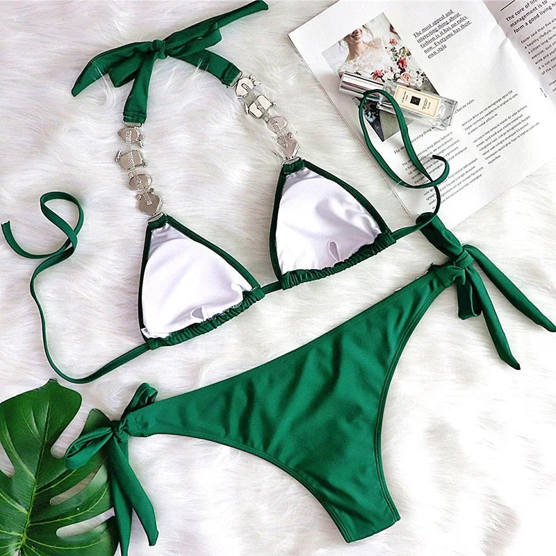 2026 Shiny Rhinestone Diamond Bikini Women Swimsuit Female Swimwear Two Pieces Bikini Set Halter Metal Chains Bathing Suit Swim