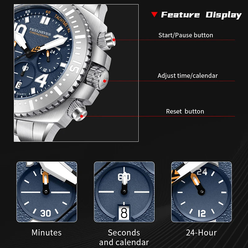 FEELNEVER New Diver Quartz Watch for Men 316L Stainless Steel Sapphire Big Dial Watch Men Outdoor 1000M Waterproof Men's Watches
