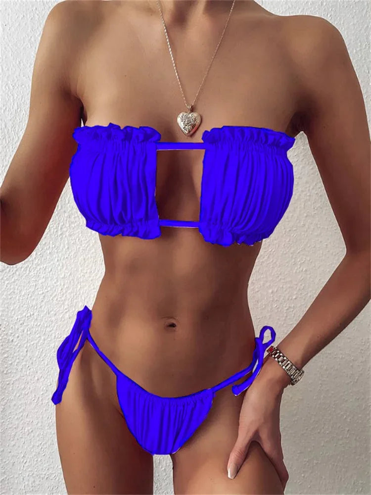 Elegant Purple Swimwear Women Sexy Off Shoulder Pleate Bikini Bandeau Hollow Out Lace-Up Push Up Bathing Suit Thong Swimsuit