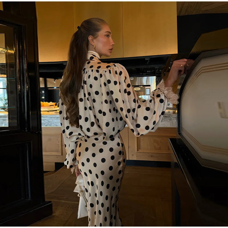 Satin Polka Dots V Neck Maxi Dress Suit Women Elegant Ribbon Full Sleeve Blouse Waist Cinching Long Skirt 2026 Lady Party Outfit
