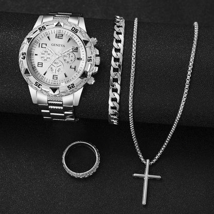 4PCS/Set Fashion Men Business Watches Luxury Big Dial Quartz Watch for Men Clock Jewelry Set Reloj Hombre（Without Box）