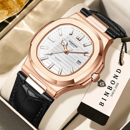 BINBOND precise quartz wristwatches for men luxury luminous waterproof auto date leather strap durabble men's watch casual reloj