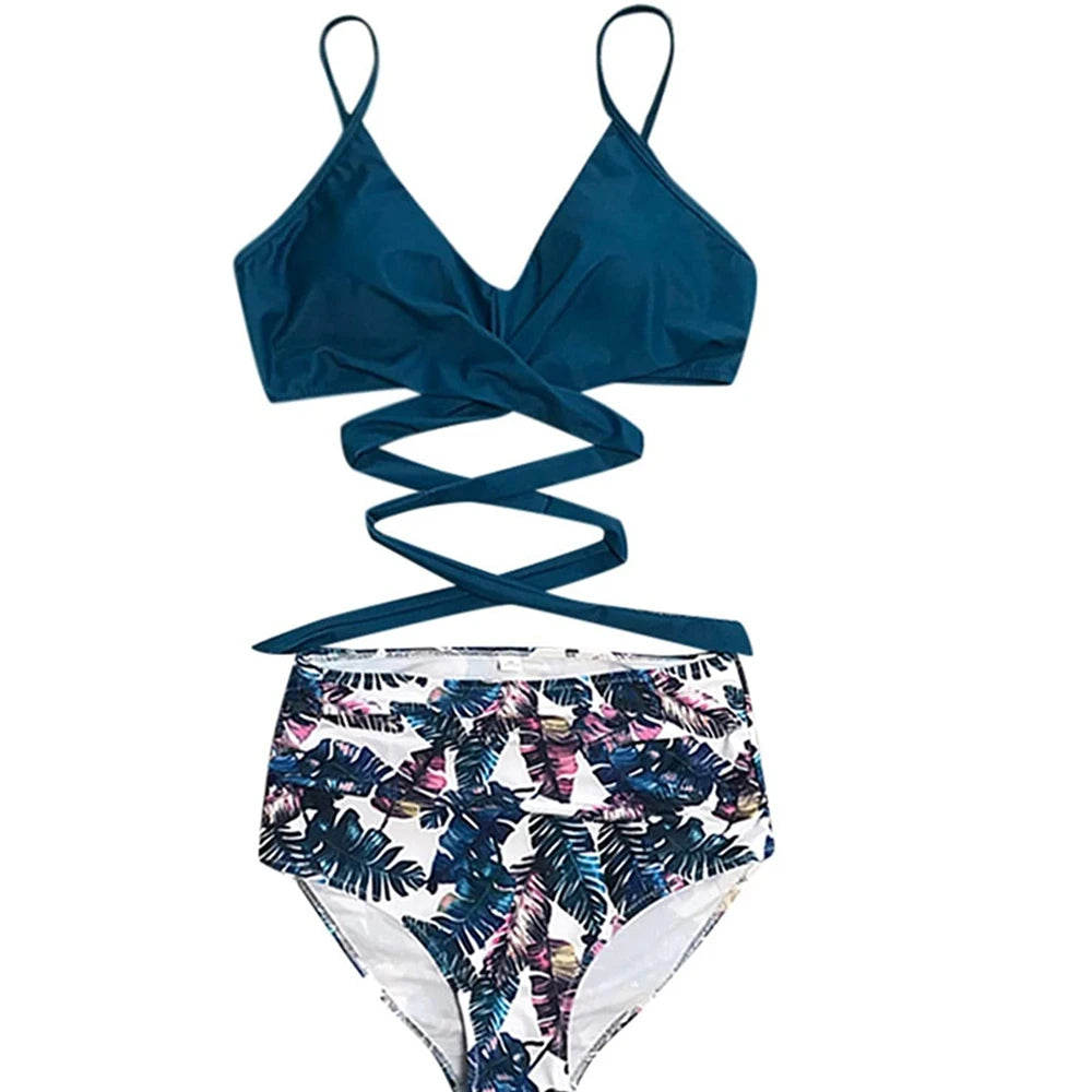 Hot 12 Colors Women Slim Bikini Sets High Waisted Sexy Swimwear 2 Pieces 2025 Solid/Floral Ruched Brazilian Swimsuit Cross Front