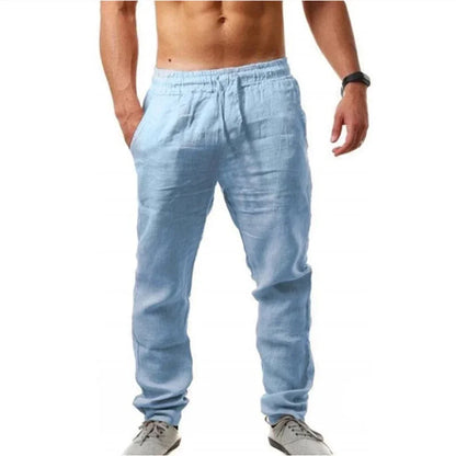 Men's Cotton Linen Pant Loose Breathable Elastic Waist Pants Solid Color Casual Jogging Fitness Trousers Summer Sports Sweatpant