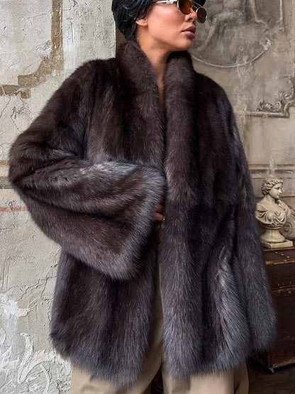 Brown Medium-length Fur Coat Women Lapel Hidden Button Loose  Elegant Outerwear 2025 Fashion Office Lady Commute Overcoat New