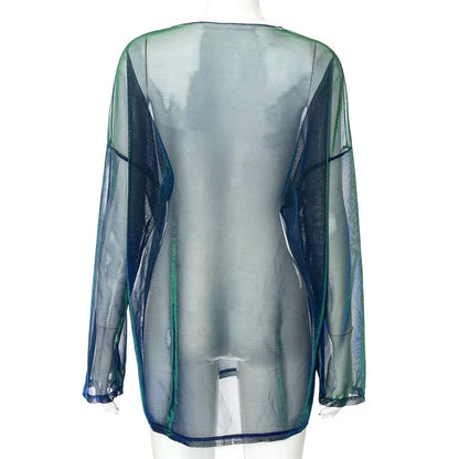 See Through T Shirts For Women Y2k Clothes Sexy Crop Tops Long Sleeve Oversized Tshirt O-Neck Club Outfit Reflective Egirl Tees