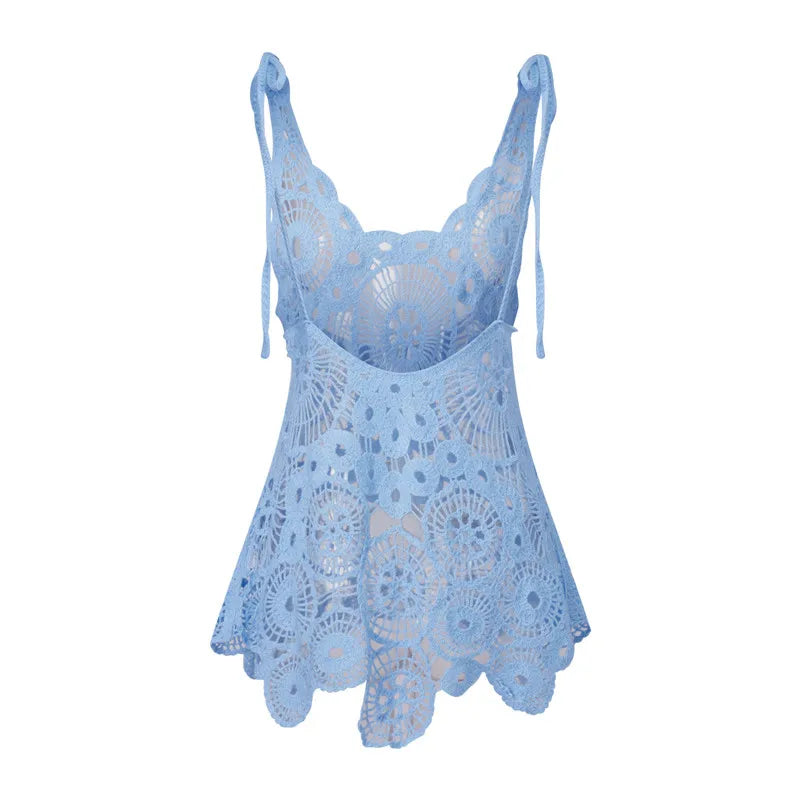 hirigin Sexy Women Crochet Swimsuit Coverups Slim U Neck Hollow Out Sleeveless Irregular Hem Mini Summer Beach Dress