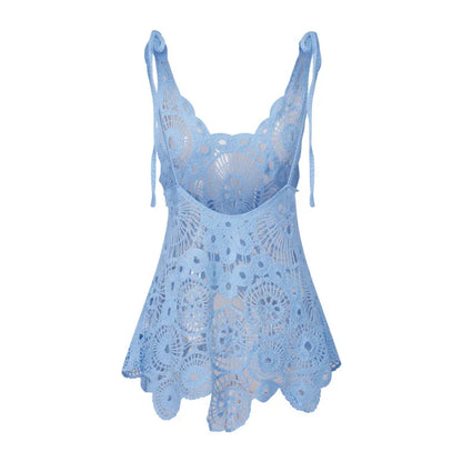 hirigin Sexy Women Crochet Swimsuit Coverups Slim U Neck Hollow Out Sleeveless Irregular Hem Mini Summer Beach Dress