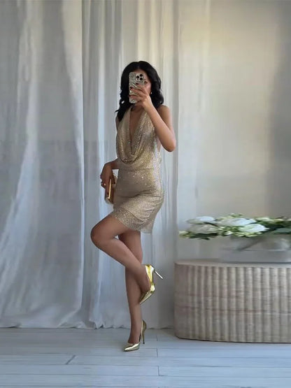 Rhinestone Halter Short Dress Women Sexy Sleeveless Backless Waist Cinching Hip Package Bodycon Party Evening Dresses Streetwear