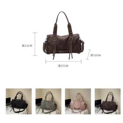 Retro Motorcycle Handbag Women Horizontal Tote Storage Tassel Design Pillow Shoulder Bag Trendy Large Capacity Soft Underarm Bag