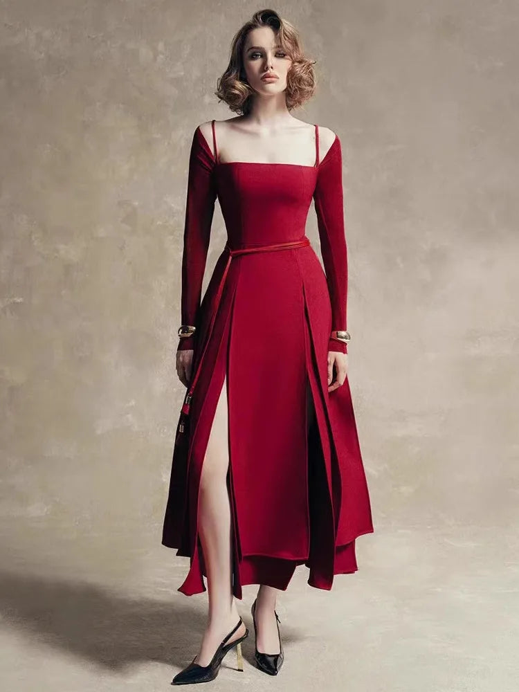 QMQA Fashion Women's Elegant Dresses Off The Shoulder Long Sleeve Split Asymmetric Hem Thin Middle Low Waist Dress New 1A200