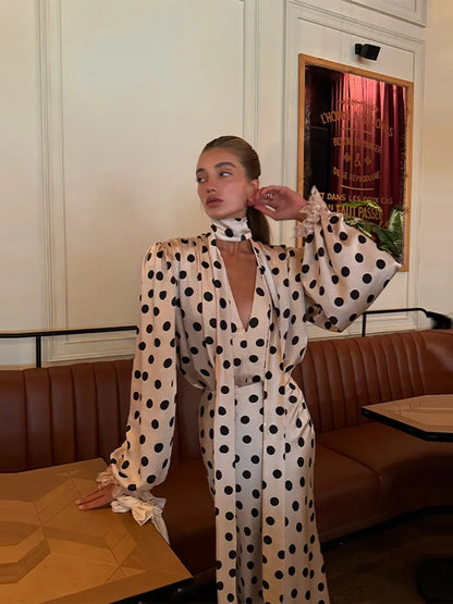 Satin Polka Dots V Neck Maxi Dress Suit Women Elegant Ribbon Full Sleeve Blouse Waist Cinching Long Skirt 2026 Lady Party Outfit