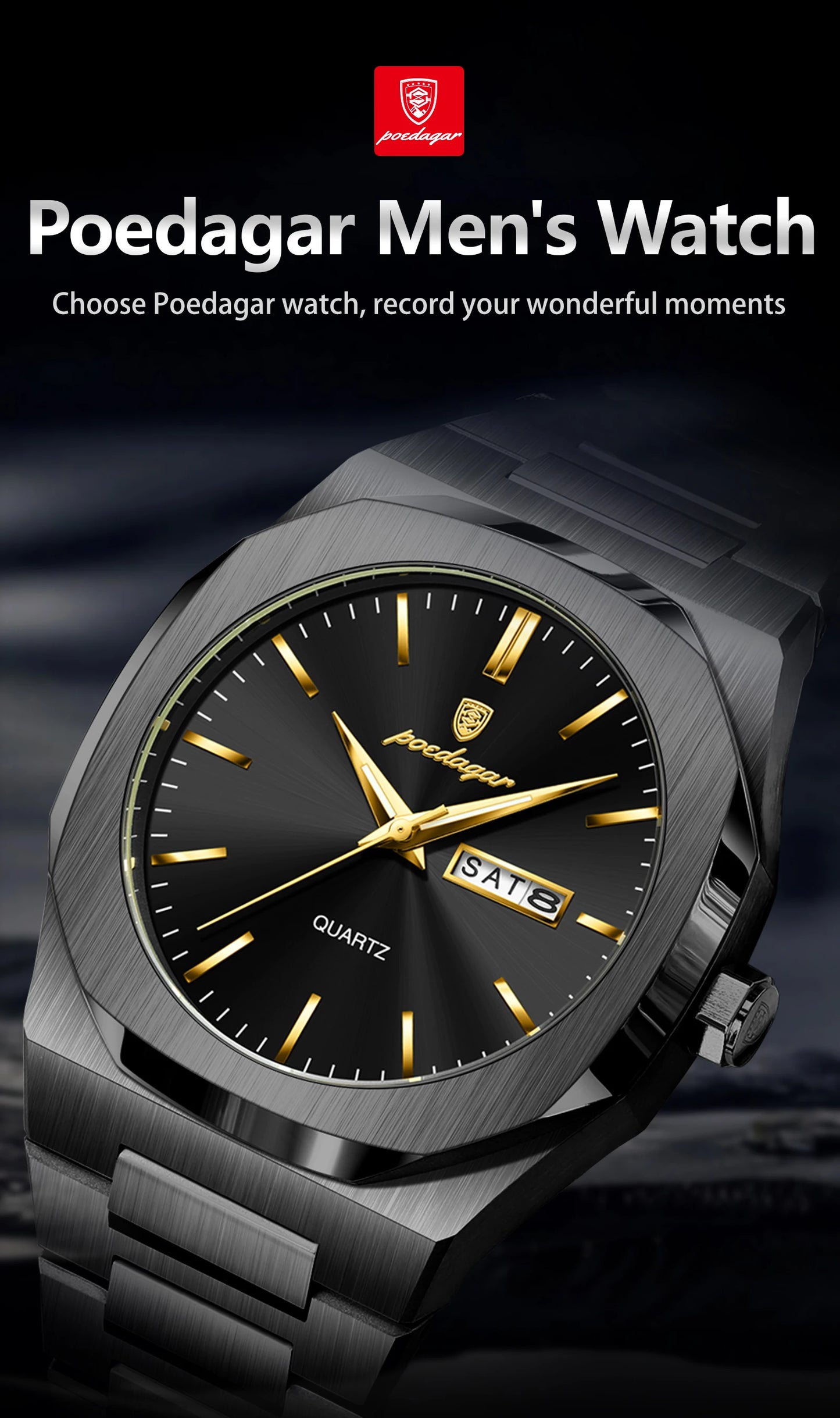 POEDAGAR Fashion Brand Man Clock Luminous Waterproof Stainless Steel Men's Watch Date Week Quartz Business Watches For Men Reloj
