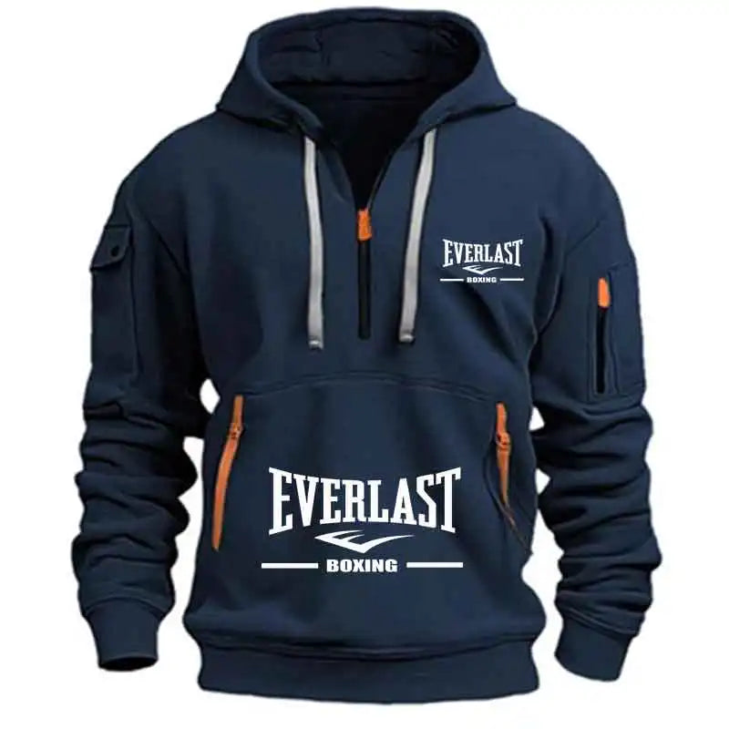 Men's Fashion Casual Hoodie Multi-pocket Sports Long-sleeve Sweatshirt Up Down Print Warm Half Zip Hooded Fitness Pullover Good