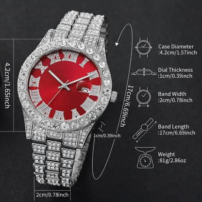 3/4PCS Hip Hop Iced Out Men's Watch Jewelry Set Luxury Rhinestone Quartz Wristwatch Cuban Link Chain Accessories（Without Box）