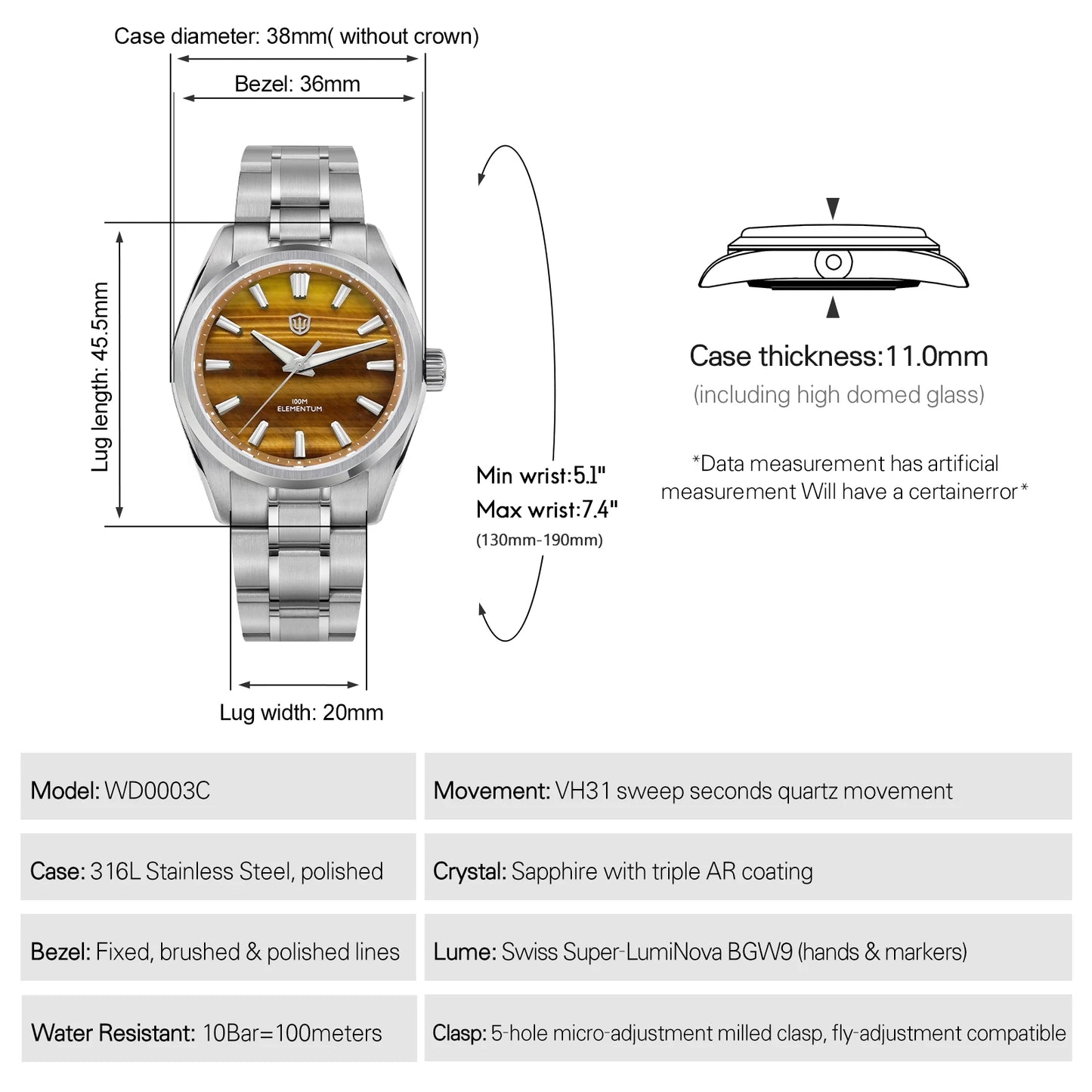 Watchdives 38mm Men Quartz Watch VH31 Sweep Seconds Movement ice Crystal Titanium Waterproof Watches WD0003B WD0003C WD0003D