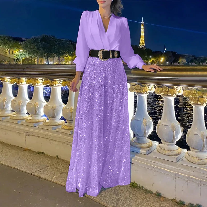 TARUXY Splice Sequins Maxi Dresses For Women Fashion Folds Loose V Neck Elegant Dress Femme Party Evening Dresses Luxury 2023