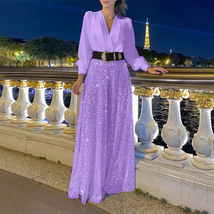 TARUXY Splice Sequins Maxi Dresses For Women Fashion Folds Loose V Neck Elegant Dress Femme Party Evening Dresses Luxury 2023
