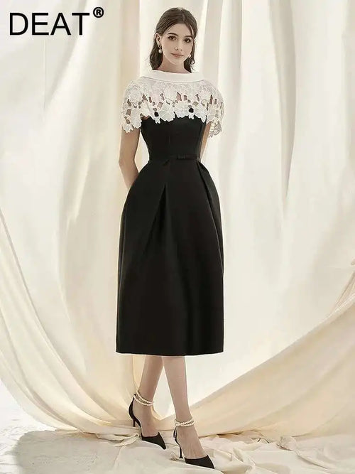 DEAT 2026 Spring Women's Lace Crochet Backless Dress Fashion Trendy Sleeveless Patchwork High Waist Dresses Female New 15C119