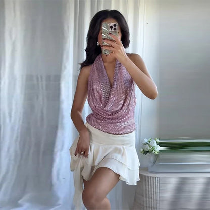 Sexy Diamond Halter Dress Women Shinny Sleeveless Backless V-neck Slim A-line Dresses Female 2026 Spring Summer Party Lady Robes