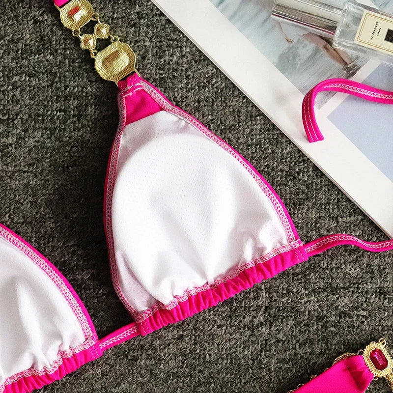 2026 Shiny Rhinestone Diamond Bikini Women Swimsuit Female Swimwear Two Pieces Bikini Set Halter Metal Chains Bathing Suit Swim