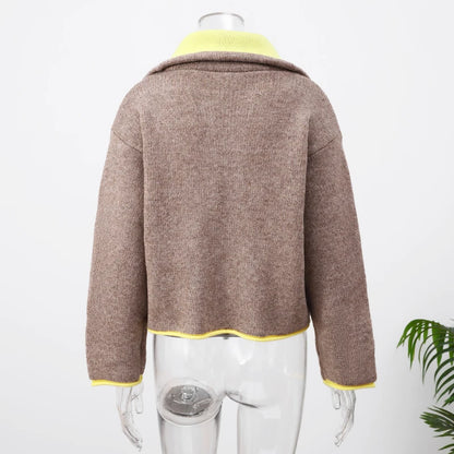 Fashion Contrasting Knitted Cardigan for Women Elegant Long Sleeve Pockets Zipper Sweater 2026 Spring Street Lady Chic Outwear