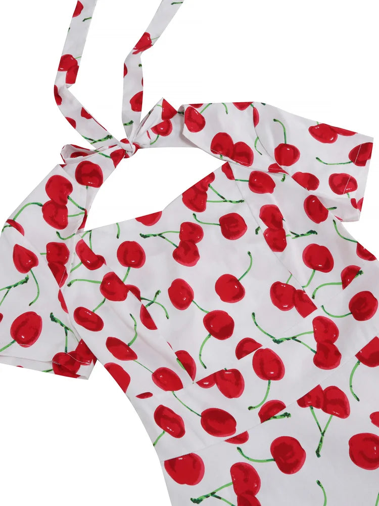 Tonval Sweetheart Neck High Waist Cherry Vintage 50s Midi Dress Short Sleeve Backless Women Tie Back Cotton Rockabilly Dresses