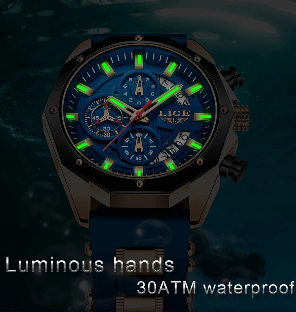 LIGE Fashion Men Watches Top Brand Luxury Silicone Sport Watch Men Quartz Date Clock Waterproof Wristwatch Chronograph Clock Man