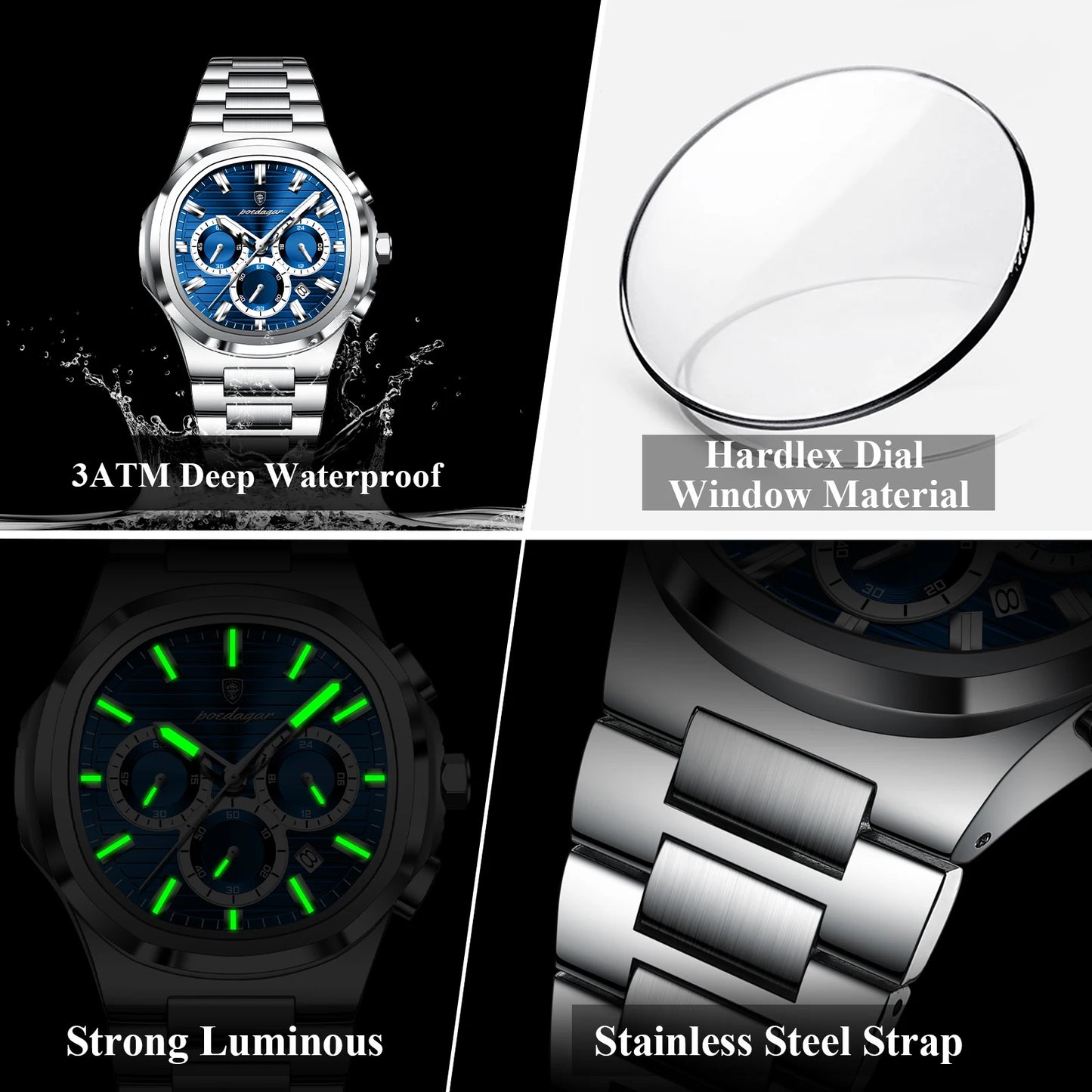 POEDAGAR Business Male Clock Date Chronograph Waterproof Luminous Luxury Men Watch Stainless Steel Quartz Fashion Men's Watches