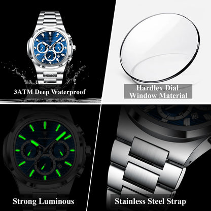 POEDAGAR Business Male Clock Date Chronograph Waterproof Luminous Luxury Men Watch Stainless Steel Quartz Fashion Men's Watches