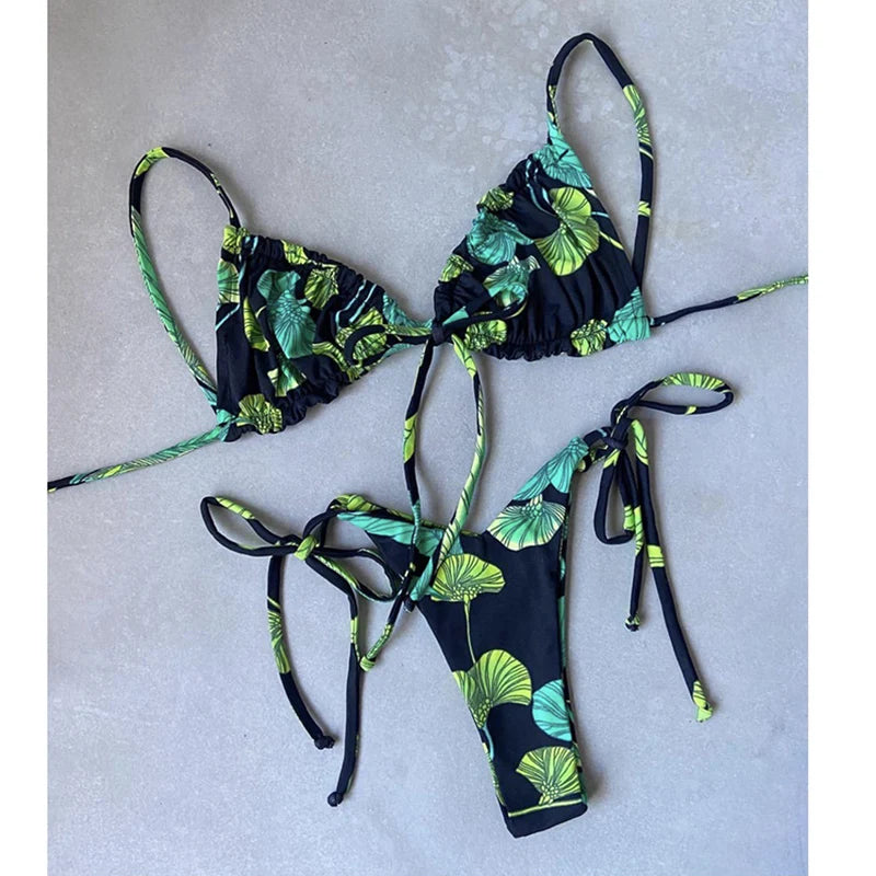 BIQIUYYI Brazilian Sexy Micro Mini Thong Bikini Set Summer Bandage Swimsuit Women Pleated Bathing Suit Beachwear Halter Biqiuni