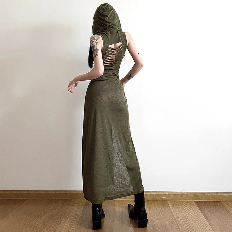 Gothic Ruffles Mesh Sleeveless Midi Hooded Dress Summer Beach Y2K Sexy Split Party Dresses Club Fashion High Street Outfits