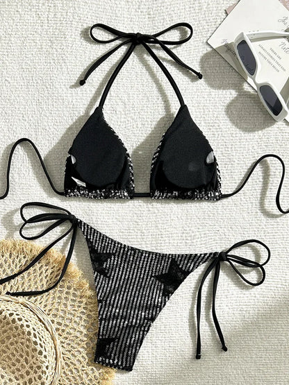 Halter Shiny Star Sequins Bikini 2025 Women Swimsuit Female Swimwear Two Pieces Bikini Set Brazilian Bathing Suit Swim Beachwear