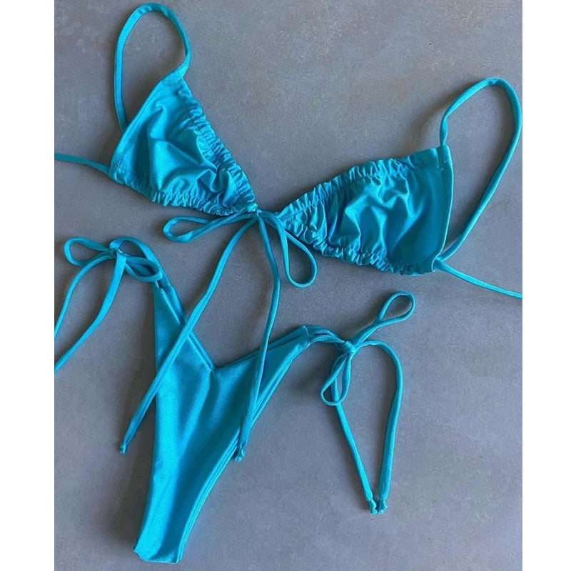 BIQIUYYI Brazilian Sexy Micro Mini Thong Bikini Set Summer Bandage Swimsuit Women Pleated Bathing Suit Beachwear Halter Biqiuni