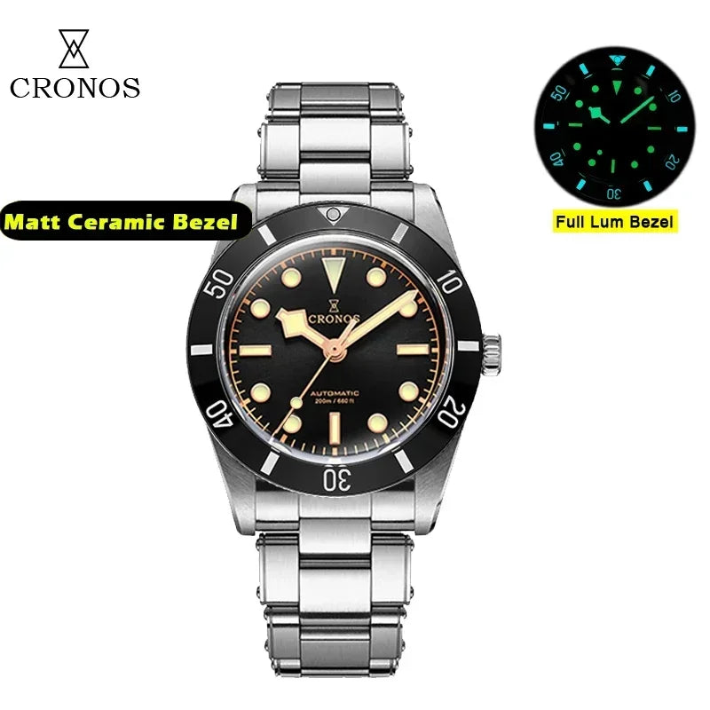 2025 Cronos Luxury Men's Watches 37mm Diver BB54 Vintage Automatic Matt/ Aluminum Bezel Female End Links Sapphire 20 Bar L6033
