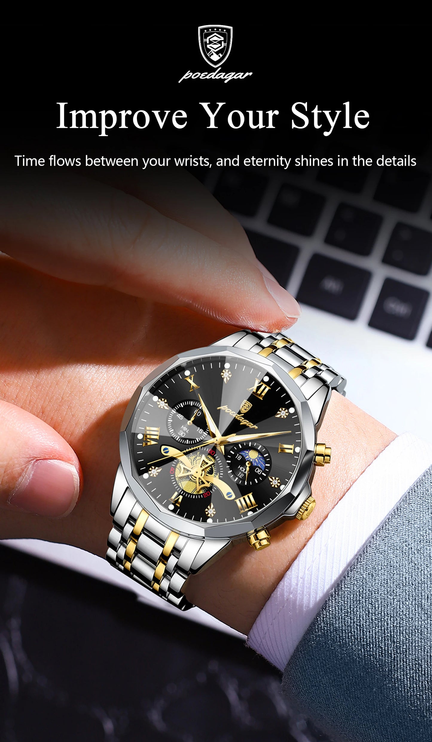 POEDAGAR Luxury Men Clock Waterproof Luminous Chronograph Sport Man Wristwatch Stainless Steel Fahion Quartz Men's Watches Reloj