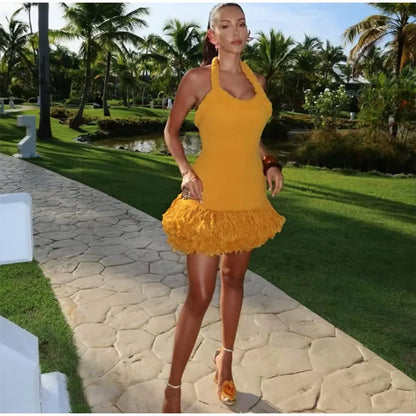 Tassels Hem Twist Strap Knitted Dress Women Sleeveless Backless Slim High Waist Dresses Female Holiday Evening Bodycon Robe