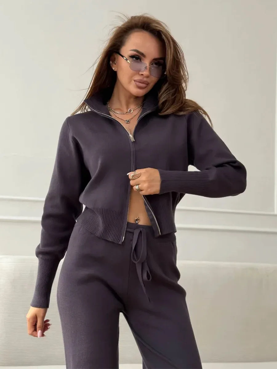 Blubelle Women's New Autumn Winter Zip Up Knit Set Trendy Slim Fit Cardigan Pants Chic Commuting Sweater Outfit